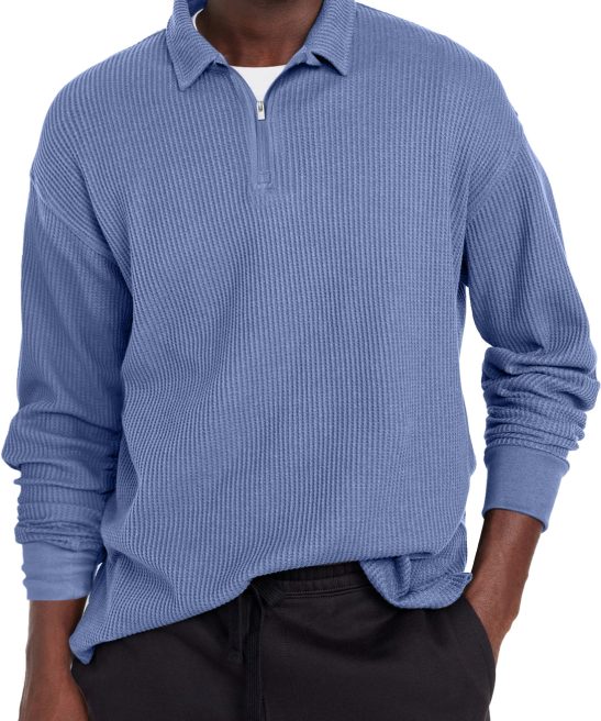 Men's Waffle Lapel Zipper Solid Color Comfortable POLO Shirt