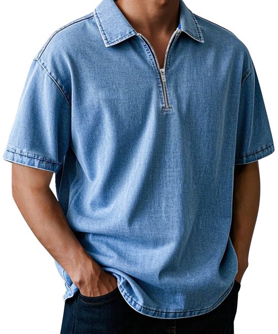 Men's Casual Retro Lapel Zipper Solid Color Short Sleeve POLO Shirt
