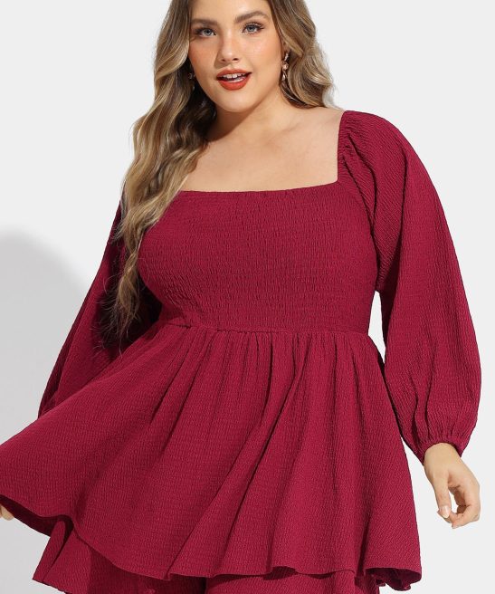 Supersoft Plain Lantern Sleeve Shirred Mini Dress with Shorts