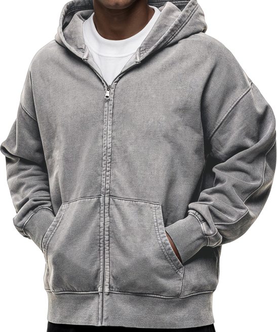 Men's Vintage Distressed Zip Basic Hooded Sweatshirt Jacket