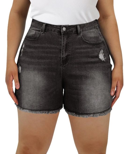 Plain Distressed Stretch Denim Shorts Jeans