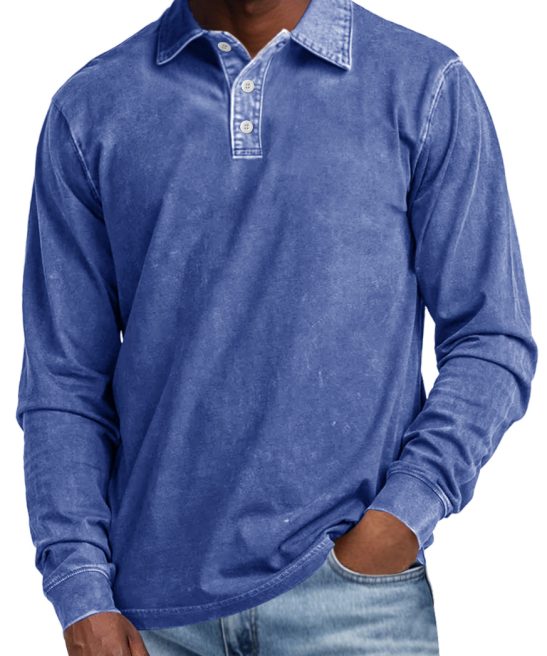 Men's Retro Lapel Button Casual Solid Color Long Sleeve Polo Shirt