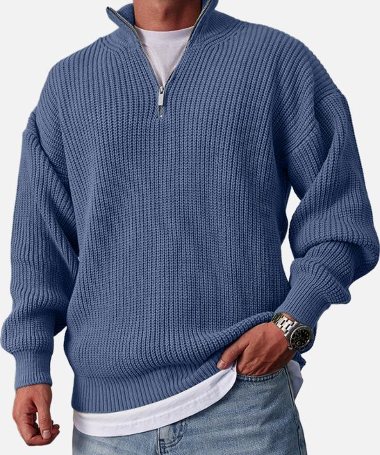 Men's Casual Fashion Loose Zipper Stand Collar Solid Color Sweater
