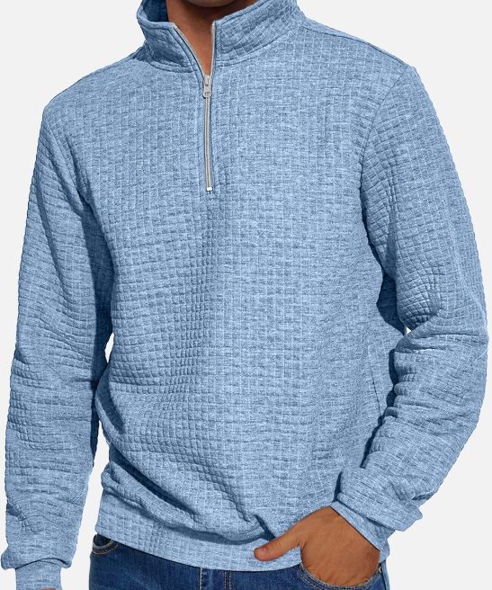 Men's Casual Zipper Stand Collar Checkered Solid Color Sweatshirt