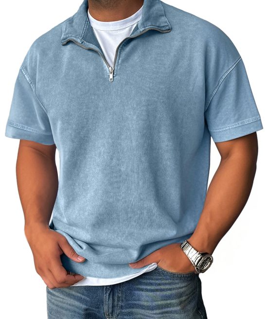 Men's Retro Stand Collar Zipper Casual Solid Color Short Sleeve T-Shirt