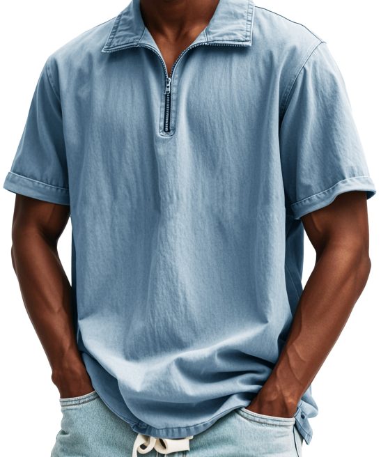 Men's Fashion Retro Zipper Stand Collar Short Sleeve Shirt