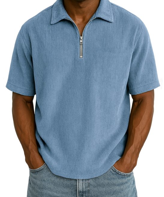 Men's Stylish Rib Corduroy Quarter-Zip Casual Short Sleeve POLO Shirt