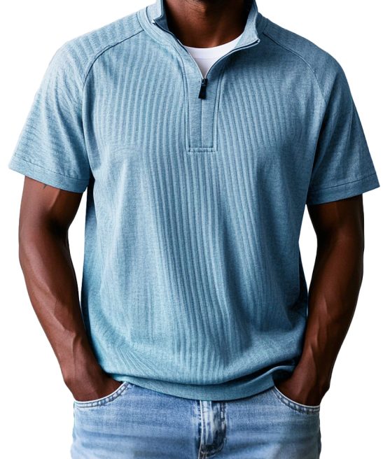 Men's Fashion Casual Raglan Zipper Short Sleeve Polo Shirt 