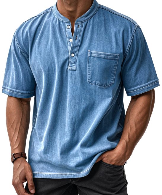 Men's Casual Solid Color Vintage Loose Pocket Short Sleeve Button-down Henley Shirt