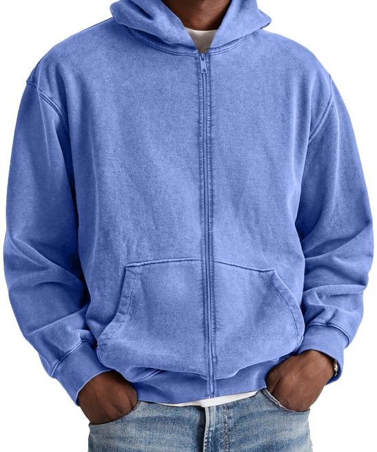 Men's Retro Hooded Washed Cotton Distressed Pocket Zipper Solid Color Jacket