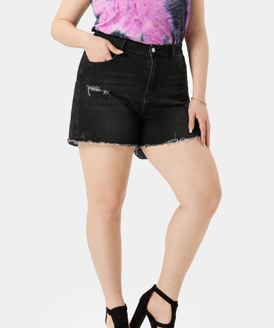 Black Comfy Stretch Denim Rips Shorts Jeans