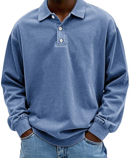 Men's Fashion Retro Washed Distressed Cotton Lapel Long Sleeve Polo Shirt