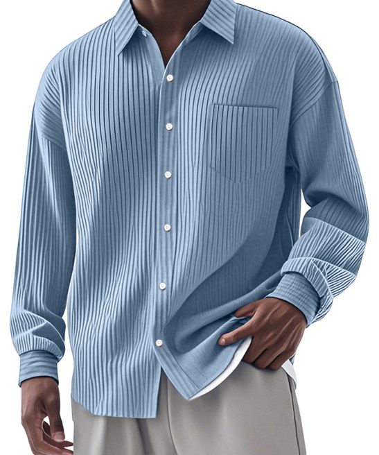 Men's Casual Simple Vertical Pit Strip Long-sleeved Lapel Shirt