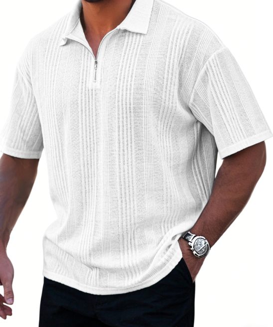Men's Textured Jacquard Casual Quarter Zip Lapel Short Sleeve Polo Shirt