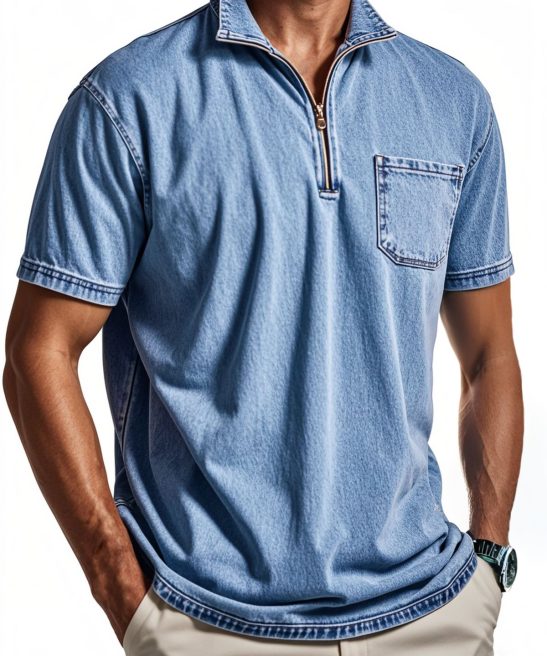 Men's Vintage Distressed Quarter Zip Polo Shirt With Chest Pocket