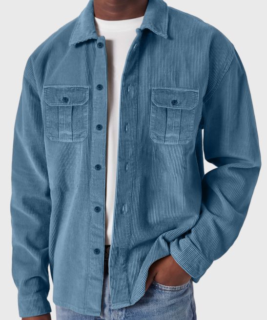 Men's Casual Corduroy Double Pocket Solid Color Long Sleeve Shirt