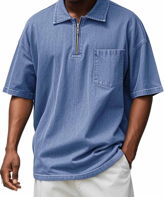 Men's Retro Distressed Zip Pocket Short Sleeve Polo Shirt