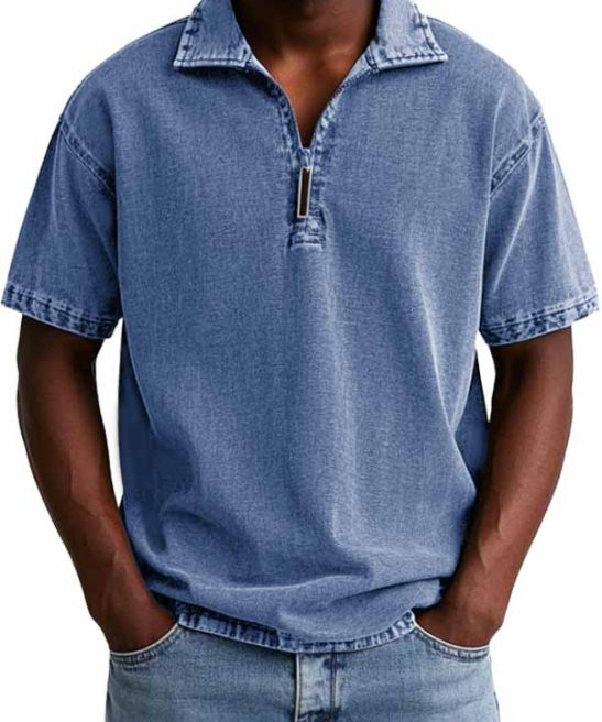 Men's Retro Distressed Zip Short Sleeve Polo Shirt
