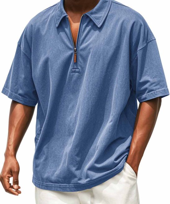 Men's Retro Distressed Zip Short Sleeve Polo Shirt