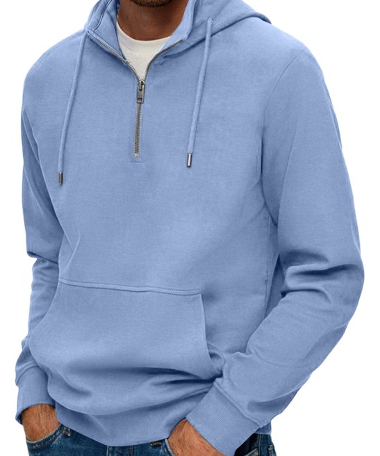 Men's Casual Fashion Stand Collar Zipper Solid Color Pocket Hooded Sweatshirt